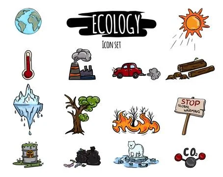 Global warming icons vector set, hand drawn. Stock Illustration