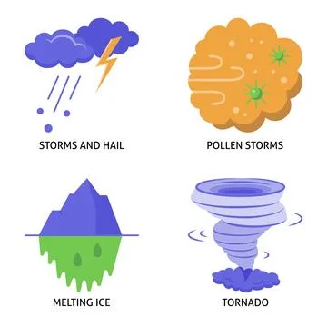 Global warming impacts flat icon set Stock Illustration