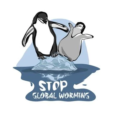 Global warming poster design penguin standing on melting ice floe Stock Illustration
