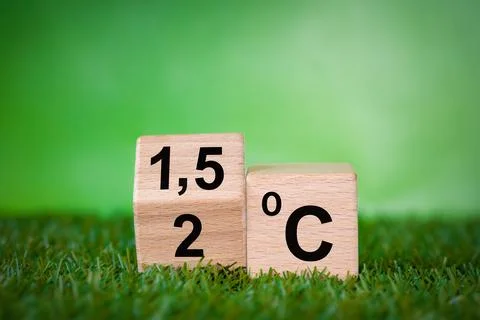 Global warming reduction icon. A rotating wooden cube with the symbol "2 C Stock Photos