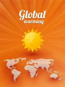 Global warming sun and a map of the world on an orange background Stock Illustration