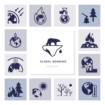 Global warming vector icons on the theme of ecology problems of our planet as Stock Illustration