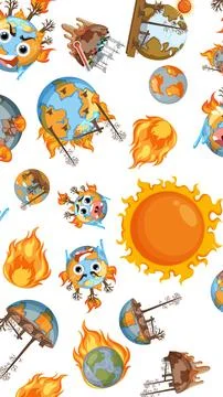 Global Warming Vector Pattern with Burning Earth and Sun Icons Stock Illustration