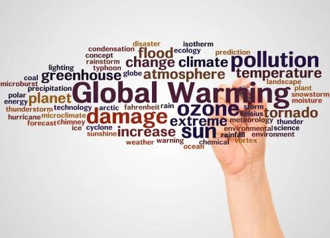 Global Warming word cloud and hand with marker concept Illustrazione stock