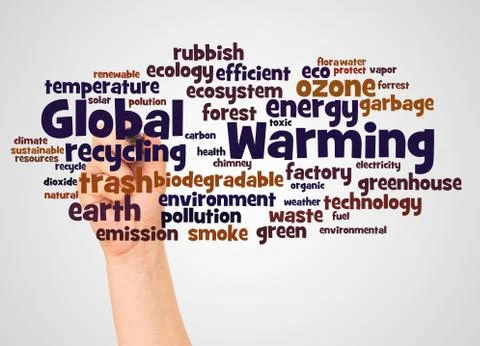 Global Warming word cloud and hand with marker concept Illustrazione stock