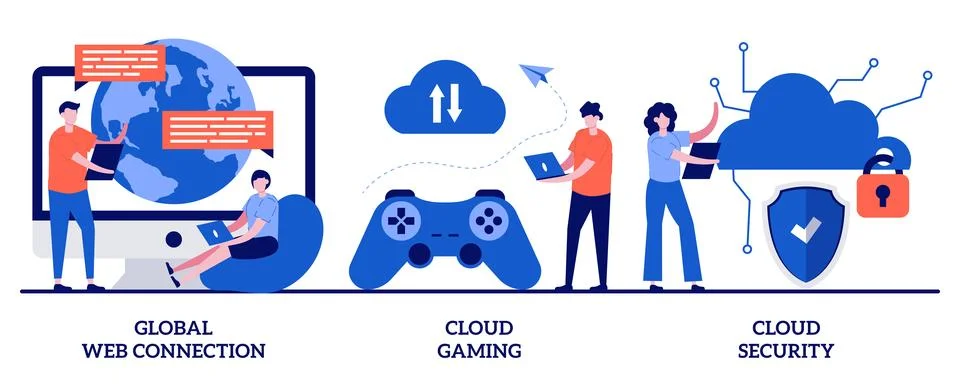 Global web connection, cloud gaming and security concept with tiny people. .. 스톡 일러스트