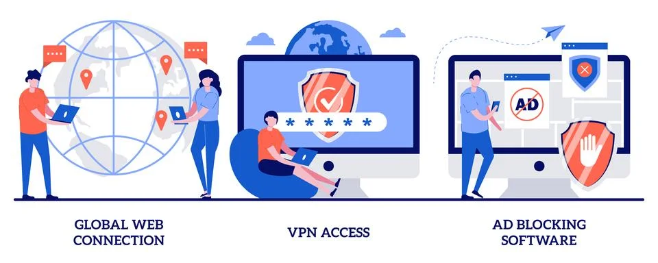 Global web connection, VPN access, Ad blocking software concept with tiny p.. Stock Illustration