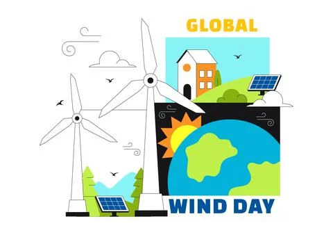 Global Wind Day Vector Illustration on June 15 With Wind Turbines And Solar.. Stock Illustration