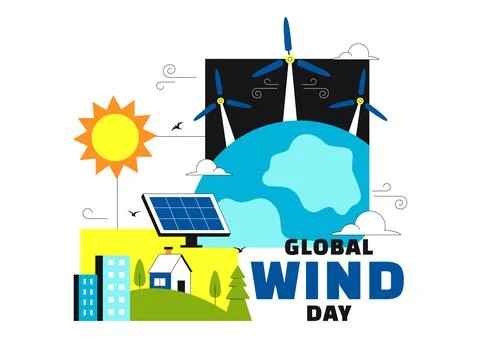 Global Wind Day Vector Illustration on June 15 With Wind Turbines And Solar.. Stock Illustration