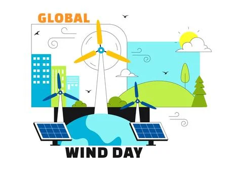 Global Wind Day Vector Illustration on June 15 With Wind Turbines And Solar.. Stock Illustration