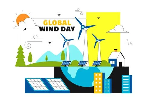 Global Wind Day Vector Illustration on June 15 With Wind Turbines And Solar.. Stock Illustration