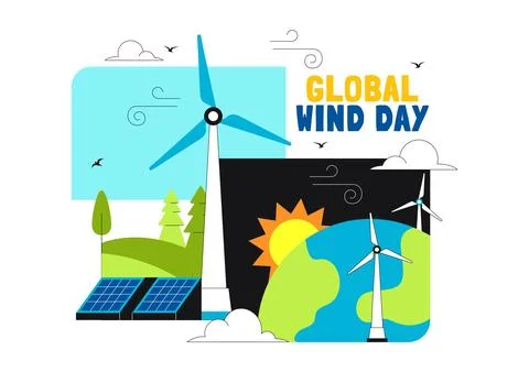 Global Wind Day Vector Illustration on June 15 With Wind Turbines And Solar.. Stock Illustration