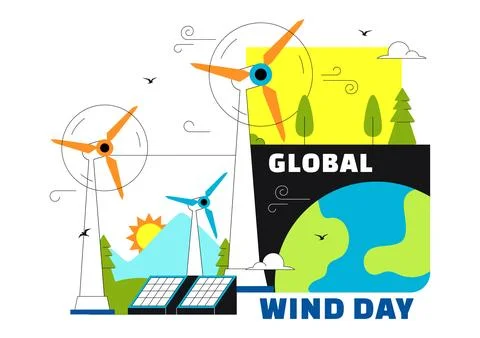 Global Wind Day Vector Illustration on June 15 With Wind Turbines And Solar.. Stock Illustration