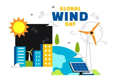 Global Wind Day Vector Illustration on June 15 With Wind Turbines And Solar.. Stock Illustration