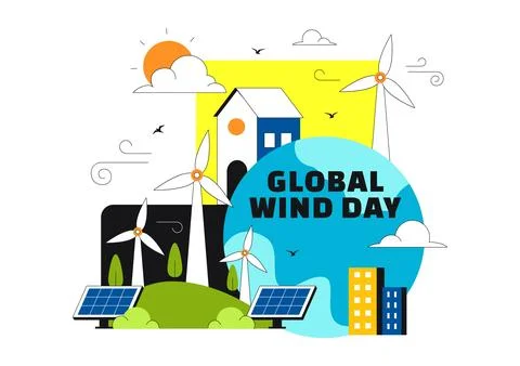 Global Wind Day Vector Illustration on June 15 With Wind Turbines And Solar.. Stock Illustration