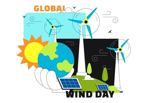Global Wind Day Vector Illustration on June 15 With Wind Turbines And Solar.. Stock Illustration