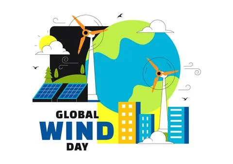 Global Wind Day Vector Illustration on June 15 With Wind Turbines And Solar.. Stock Illustration