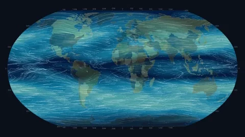 Global wind patterns and ocean currents across a detailed world map Stock Footage 345375123
