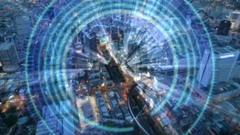 Global world dot particles and time lapse of building and  transportation city Stock Footage 108371469