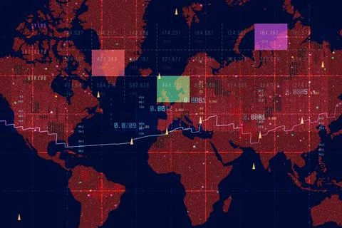 Global world map with data visualization, analytics boxes and trend lines, ab Stock Illustration