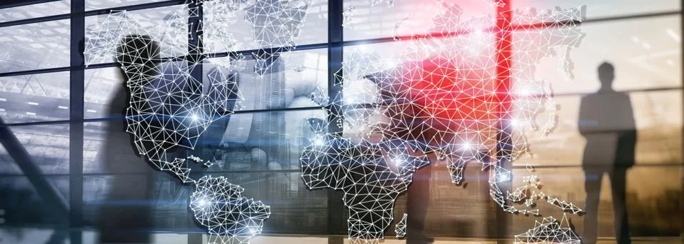 Global World Map Double Exposure Network. Telecommunication, International Illustrazione stock