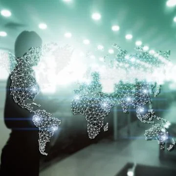 Global World Map Double Exposure Network. Telecommunication, International bu Fotos de archivo