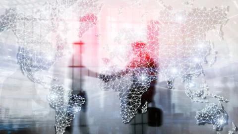Global World Map Double Exposure Network. Telecommunication, International bu Fotos de archivo
