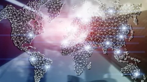 Global World Map Double Exposure Network. Telecommunication, International bu Fotos de archivo
