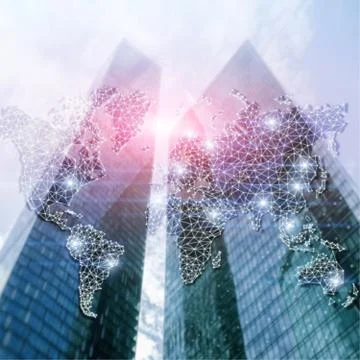 Global World Map Double Exposure Network. Telecommunication, International bu Fotos de archivo