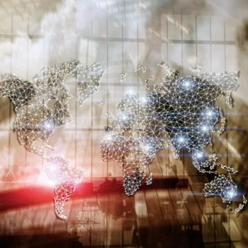 Global World Map Double Exposure Network. Telecommunication, International bu Fotos de archivo