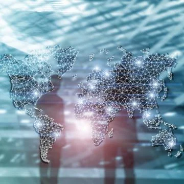 Global World Map Double Exposure Network. Telecommunication, International bu Fotos de archivo