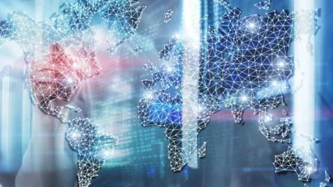 Global World Map Double Exposure Network. Telecommunication, International bu Fotos de archivo