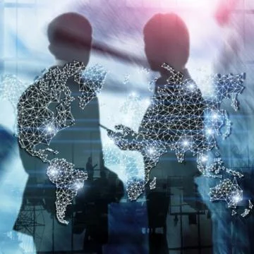 Global World Map Double Exposure Network. Telecommunication, International bu Fotos de archivo