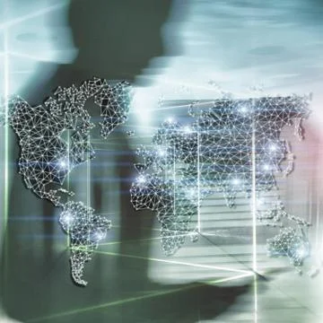Global World Map Double Exposure Network. Telecommunication, International bu Stock Photos
