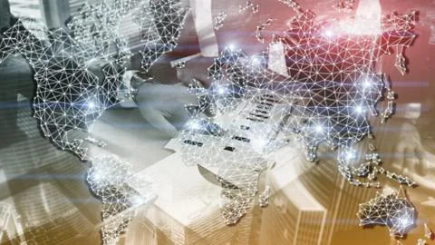 Global World Map Double Exposure Network. Telecommunication, International bu Stock Photos