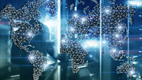 Global World Map Double Exposure Network. Telecommunication, International Stock Photos