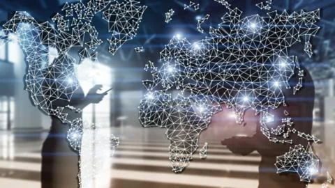 Global World Map Double Exposure Network. Telecommunication, International bu Fotos de archivo
