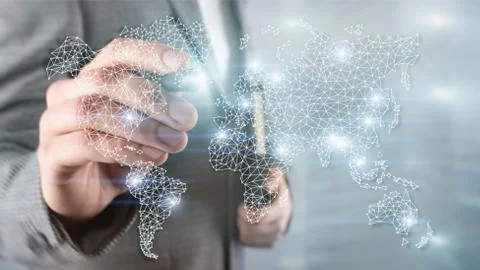 Global World Map Double Exposure Network. Telecommunication, International Stock-Fotos