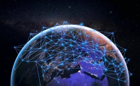 Global worldwide wireless communication network over planet earth in space Stock Illustration
