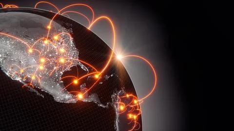 Globalization and communication concept. Earth and luminous rays. 3d renderin 스톡 일러스트