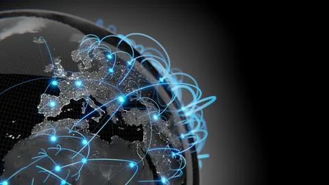 Globalization and communication concept. Earth and luminous rays. 3d renderin 스톡 일러스트