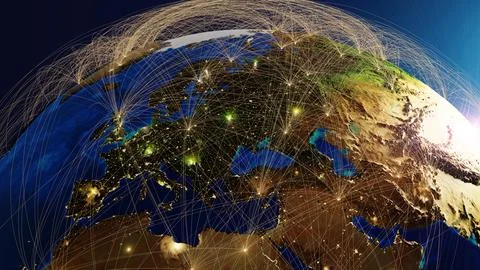 Globalization and communication concept. Earth and luminous rays. 3d renderin Stock Illustration