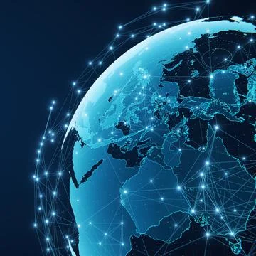Globalization and communication concept. Earth and luminous rays. 3d renderin Stock Illustration