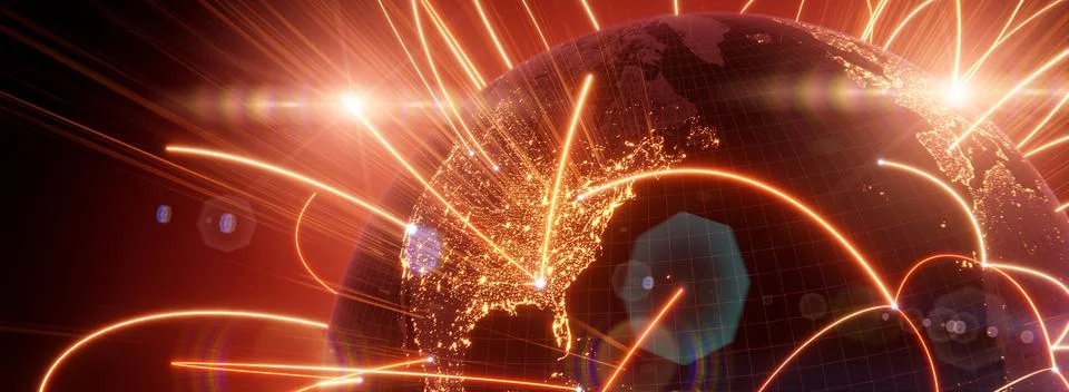 Globalization and communication concept. Earth and luminous rays. 3d renderin Stock Illustration