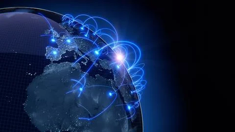 Globalization and communication concept. Earth and luminous rays. 3d renderin Stock Illustration