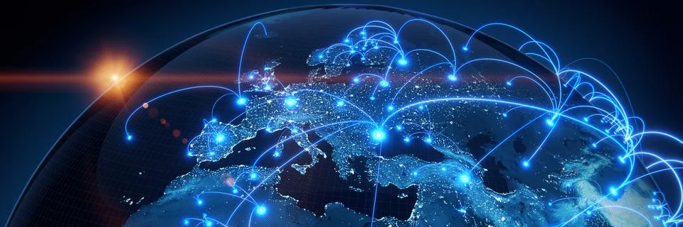 Globalization and communication concept. Earth and luminous rays. 3d renderin Stock Illustration
