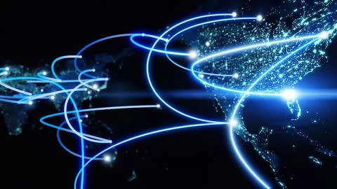 Globalization and communication concept. Earth and luminous rays. 3d renderin Illustrazione stock