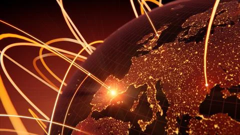 Globalization and communication concept. Earth and luminous rays. 3d renderin Illustrazione stock