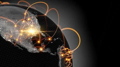 Globalization and communication concept. Earth and luminous rays. 3d renderin Stock Illustration