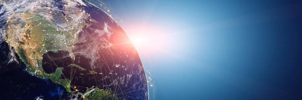 Globalization and communication concept. Earth and luminous rays. 3d renderin Illustrazione stock